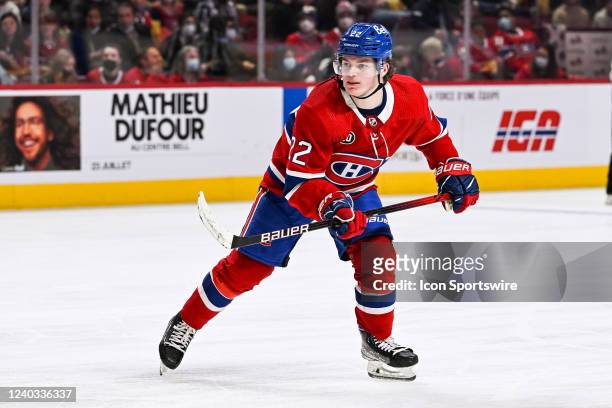 Montreal Canadiens right wing Cole Caufield tracks the play during the Florida Panthers versus the Montreal Canadiens game on April 29, 2022 at Bell...