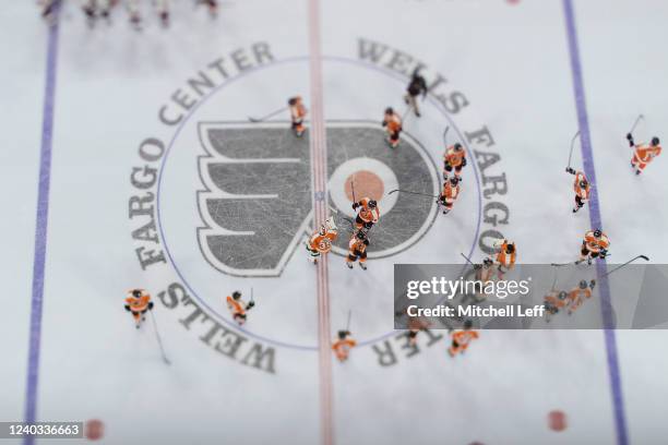 The Philadelphia Flyers salute the stadium fans after the game against the Ottawa Senators at the Wells Fargo Center on April 29, 2022 in...