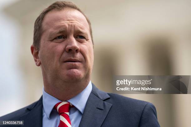 April 26: Missouri Attorney General Eric Schmitt speaks to reporters in front of the Supreme Court of the United States on Tuesday, April 26, 2022 in...