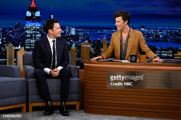 Episode 1643 -- Pictured: Host Jimmy Fallon during an interview with musician Shawn Mendes on Friday, April 29, 2022 --