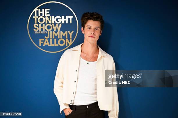 Episode 1643 -- Pictured: Musician Shawn Mendes poses backstage on Friday, April 29, 2022 --