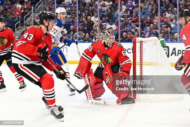 Collin Delia of the Chicago Blackhawks tends goal during an NHL game against the Buffalo Sabres on April 29, 2022 at KeyBank Center in Buffalo, New...