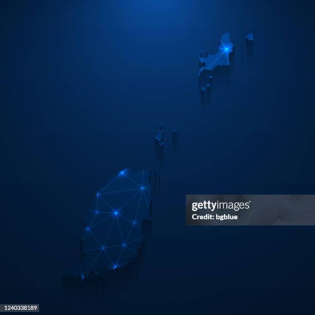 grenada map network - bright mesh on dark blue background - grenada caribbean map stock illustrations