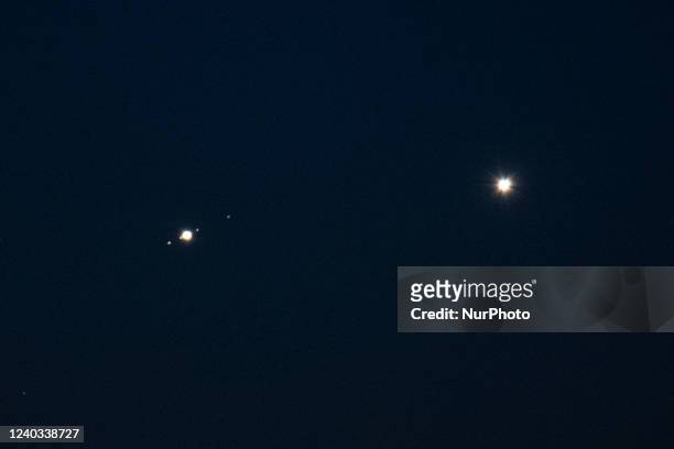Planets Jupiter and Venus in conjunction rise before sunrise behind Rocca Calascio castle, Italy, on April 30, 2022. On May 1st planets will reach a...
