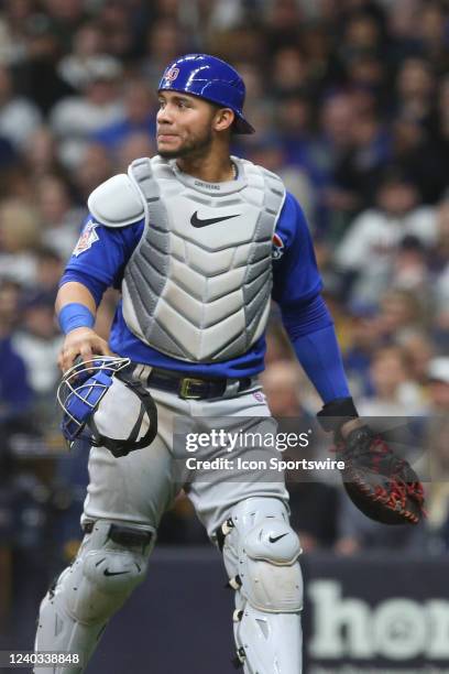 Chicago Cubs catcher Willson Contreras watches a play during a game between the Milwaukee Brewers and the Chicago Cubs at American Family Field on...