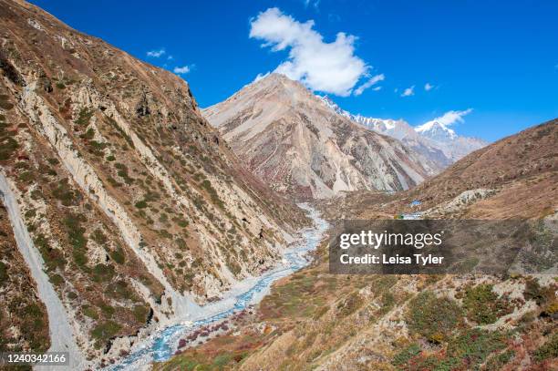 Tea houses of Yak Kharta, a pit stop on the multi-day Annapurna Circuit in Nepal. Climbing to 5,416 meters, the Annapurna Circuit is one of the most...