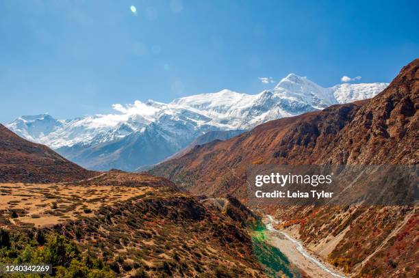 View over the Annapurna Range as seen from a foot trail between Manang and Yak Kharka, Nepal.