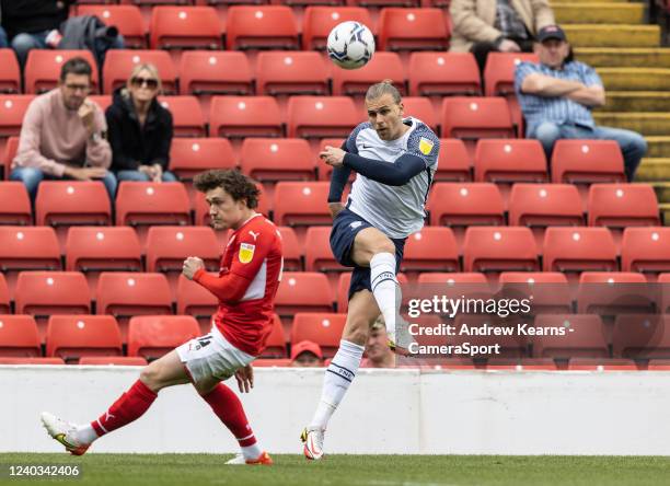 Preston North End's Brad Potts crosses during the Sky Bet Championship match between Barnsley and Preston North End at Oakwell Stadium on April 30,...