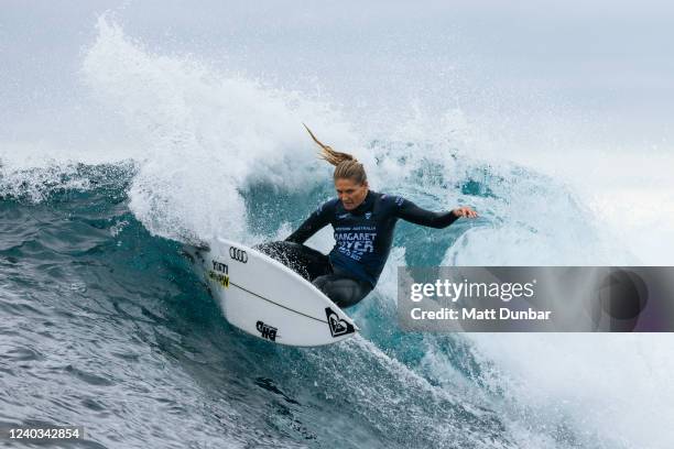 Seven-time WSL Champion Stephanie Gilmore of Australia surfs in Heat 6 of the Round of 16 at the Margaret River Pro on April 30, 2022 at Margaret...