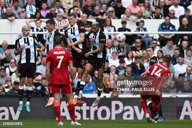 Liverpool's English midfielder Jordan Henderson shoots a free kick during the English Premier League football match between Newcastle United and...