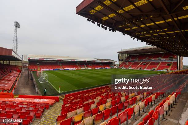 General view of Pittodrie stadium prior to the Cinch Scottish Premiership match between Aberdeen FC and Dundee FC at Pittodrie Stadium on April 30,...