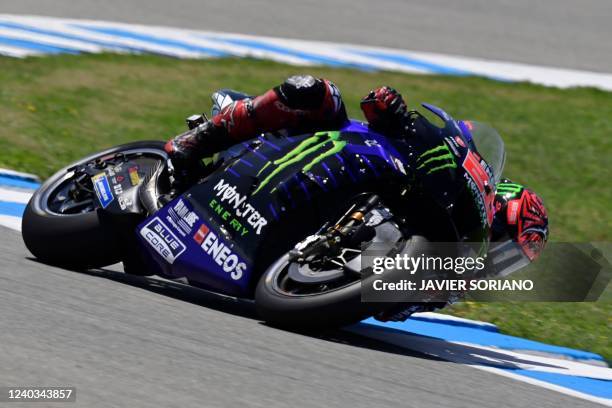 Yamaha French rider Fabio Quartararo rides during the qualifying session of the MotoGP Spanish Grand Prix at the Jerez racetrack in Jerez de la...