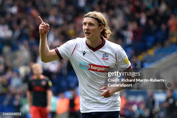 Bolton Wanderers' Jon Dadi Bodvarsson celebrates scoring his side's fourth goal during the Sky Bet League One match between Bolton Wanderers and...