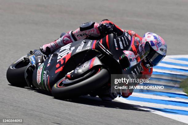 Aprilia Spanish rider Aleix Espargaro rides during the qualifying session of the MotoGP Spanish Grand Prix at the Jerez racetrack in Jerez de la...