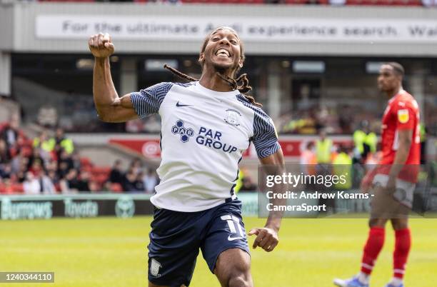 Preston North End's Daniel Johnson celebrates scoring his side's second goal during the Sky Bet Championship match between Barnsley and Preston North...