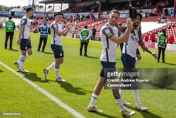 Preston North End's Alan Browne and Daniel Johnson wearing bowler hats in support of the annual Gentry Day commemoration during the Sky Bet...
