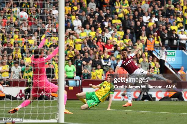 Ollie Watkins of Aston Villa scores a goal to make it 1-0 during the Premier League match between Aston Villa and Norwich City at Villa Park on April...