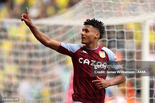 Ollie Watkins of Aston Villa celebrates after scoring a goal to make it 1-0 during the Premier League match between Aston Villa and Norwich City at...