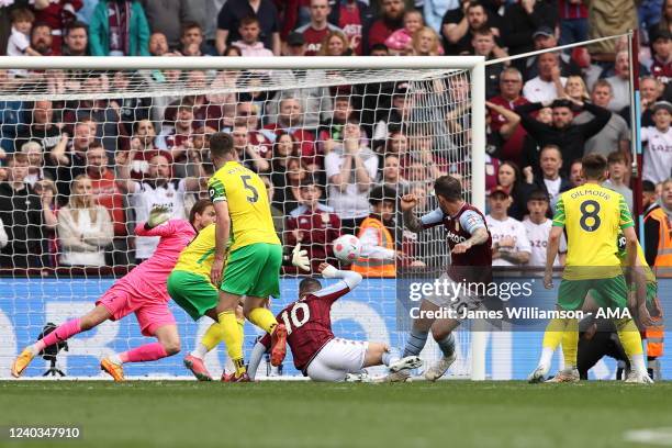 Danny Ings of Aston Villa scores a goal to make it 2-0 during the Premier League match between Aston Villa and Norwich City at Villa Park on April...