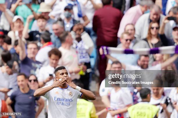 Rodrygo Silva de Goes of Real Madrid celebrates his goal during the La Liga Santander match between Real Madrid v Espanyol at the Santiago Bernabeu...