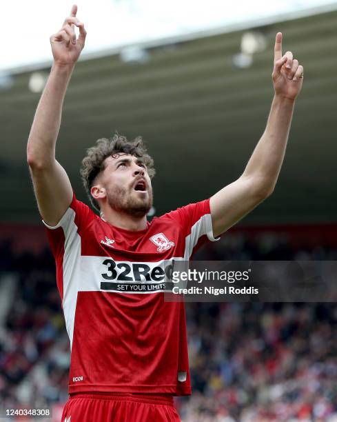 Matt Crooks of Middlesbrough celebrates after scoring a goal during the Sky Bet Championship match between Middlesbrough and Stoke City at Riverside...