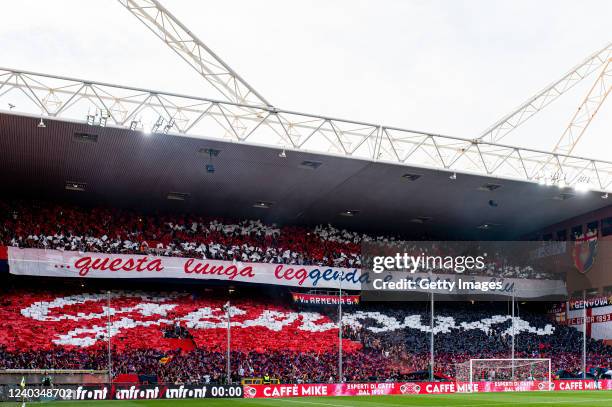 Fans of Genoa put on a choreography prior to kick-off in the Serie A match between UC Sampdoria and Genoa CFC at Stadio Luigi Ferraris on April 30,...
