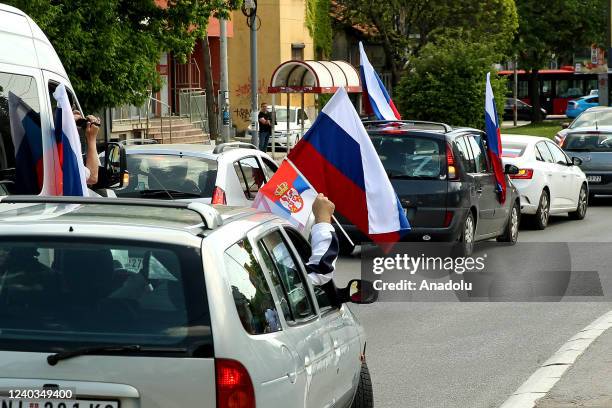 Protesters gather with their vehicles in the streets of Nis to show support to Russia in Nis, Serbia on April 30, 2022.