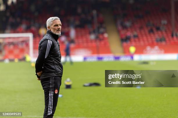 Aberdeen manager Jim Goodwin during the Cinch Scottish Premiership match between Aberdeen FC and Dundee FC at Pittodrie Stadium on April 30, 2022 in...