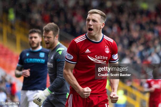 Lewis Ferguson of Aberdeen celebrates during the Cinch Scottish Premiership match between Aberdeen FC and Dundee FC at Pittodrie Stadium on April 30,...