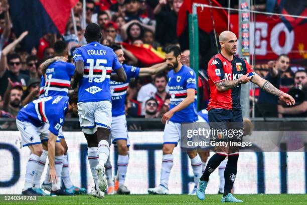 Stefano Sturaro of Genoa reacts with disappointment after Abdelhamid Sabiri of Sampdoria scored a goal during the Serie A match between UC Sampdoria...