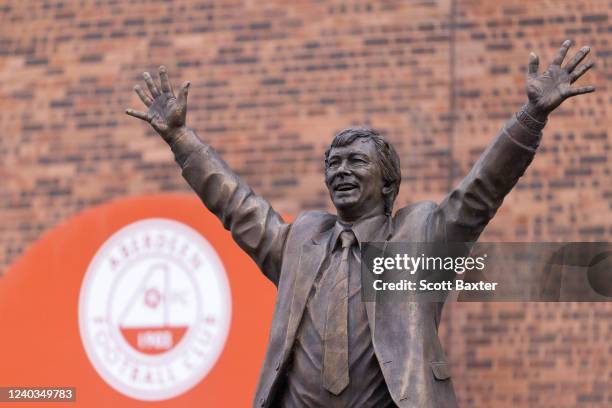 General view of the Sir Alex Ferguson statue at Pittodrie stadium prior to the Cinch Scottish Premiership match between Aberdeen FC and Dundee FC at...