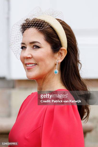 Crown Princess Mary of Denmark is ssen during the confirmation of Princess Isabella of Denmark at Fredensborg Palace on April 30, 2022 in...