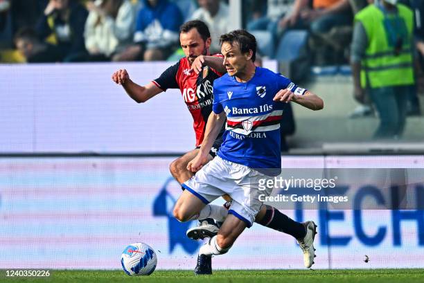 Milan Badelj of Genoa and Albin Ekdal of Sampdoria vie for the ball during the Serie A match between UC Sampdoria and Genoa CFC at Stadio Luigi...