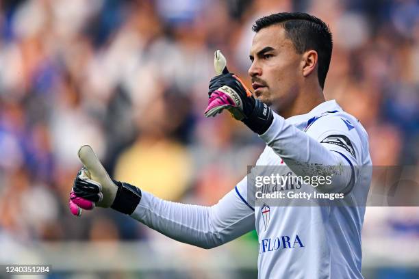 Emil Audero of Sampdoria reacts during the Serie A match between UC Sampdoria and Genoa CFC at Stadio Luigi Ferraris on April 30, 2022 in Genoa,...