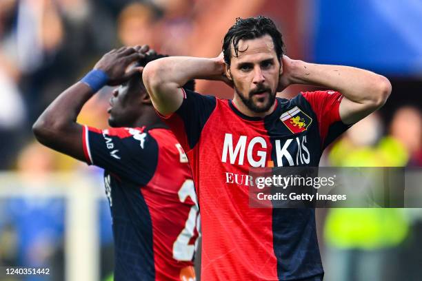 Caleb Ekuban and Mattia Destro of Genoa react with disappointment during the Serie A match between UC Sampdoria and Genoa CFC at Stadio Luigi...