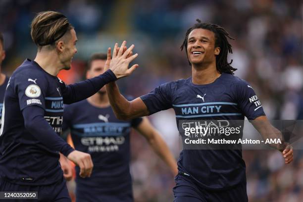 Nathan Ake of Manchester City celebrates after scoring a goal to make it 0-2 during the Premier League match between Leeds United and Manchester City...