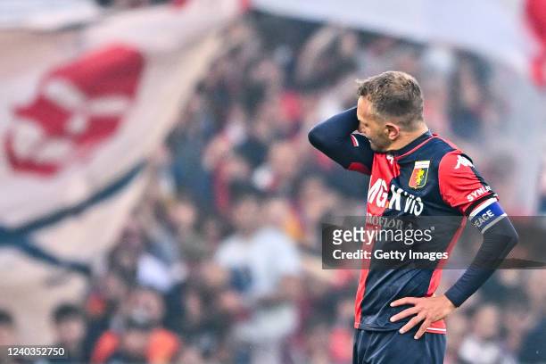 Domenico Criscito of Genoa reacts with disappointment after missing a penalty kick during the Serie A match between UC Sampdoria and Genoa CFC at...