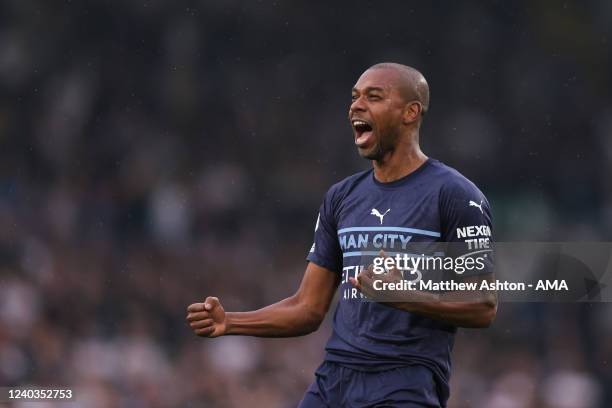 Fernandinho of Manchester City celebrates after scoring a goal to make it 0-4 during the Premier League match between Leeds United and Manchester...