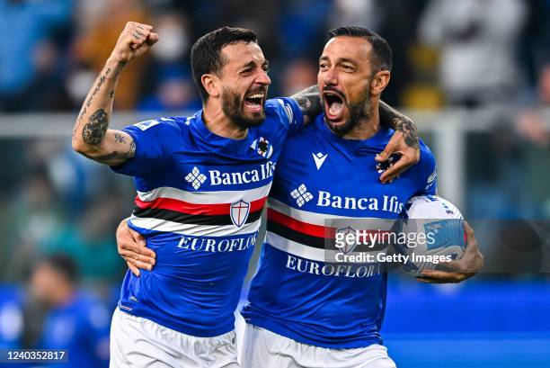 Francesco Caputo and Fabio Quagliarella of Sampdoria of Sampdoria celebrate after the Serie A match between UC Sampdoria and Genoa CFC at Stadio...