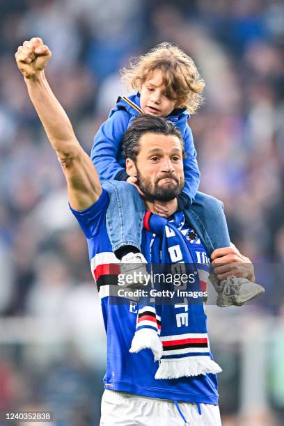Antonio Candreva of Sampdoria of Sampdoria celebrates with his son after the Serie A match between UC Sampdoria and Genoa CFC at Stadio Luigi...