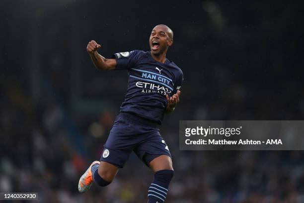 Fernandinho of Manchester City celebrates after scoring a goal to make it 0-4 during the Premier League match between Leeds United and Manchester...