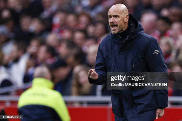 Ajax's Dutch coach Erik ten Hag reacts during the Dutch Eredivisie match between Ajax Amsterdam and PEC Zwolle at the Johan Cruijff ArenA in...