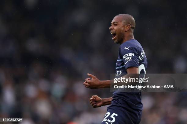 Fernandinho of Manchester City celebrates after scoring a goal to make it 0-4 during the Premier League match between Leeds United and Manchester...