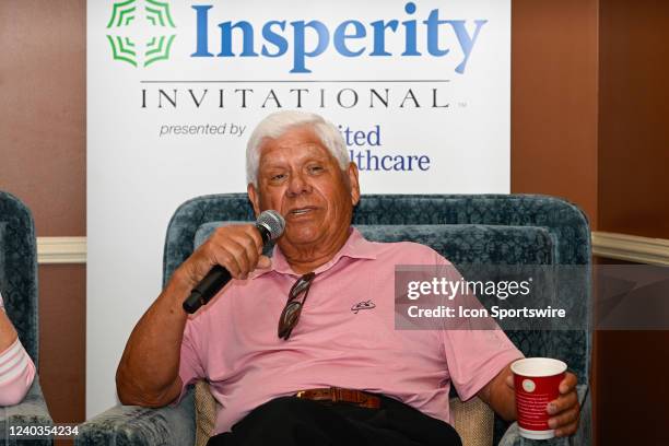 Lee Trevino talks during the 3M Greats of Golf press conference during Rd2 of the Insperity Invitational at The Woodlands Country Club on April 30,...