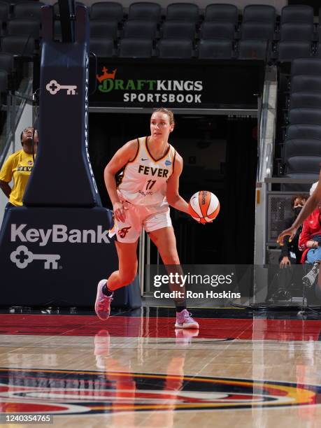 Alanna Smith of the Indiana Fever handles the ball during the game against the Chicago Sky on April 30, 2022 at Gainbridge Fieldhouse in...