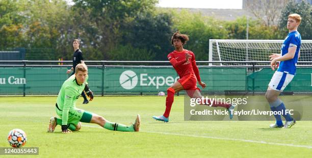 Harvey Blair of Liverpool in action at AXA Training Centre on April 30, 2022 in Kirkby, England.