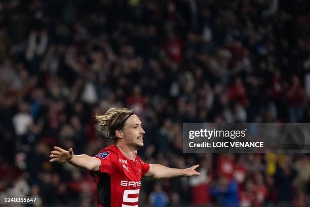 Rennes' French midfielder Lovro Majer celebrates after scoring his team's first goal during the French L1 football match between Stade Rennais FC and...