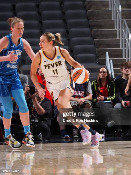 Alanna Smith of the Indiana Fever handles the ball during the game against the Chicago Sky on April 30, 2022 at Gainbridge Fieldhouse in...