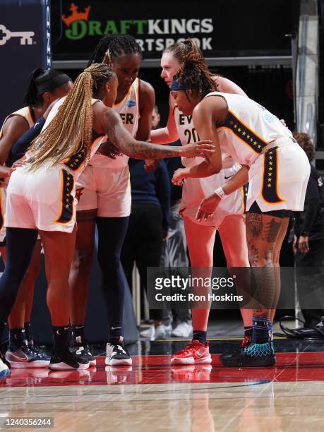 Indiana Fever huddles during the game against the Chicago Sky on April 30, 2022 at Gainbridge Fieldhouse in Indianapolis, Indiana. NOTE TO USER: User...