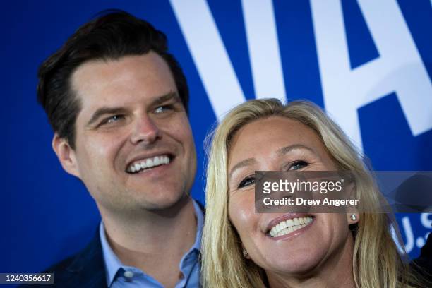 Rep. Matt Gaetz and Rep. Marjorie Taylor Greene attend a campaign rally for J.D. Vance, a Republican candidate for U.S. Senate in Ohio, at The Trout...